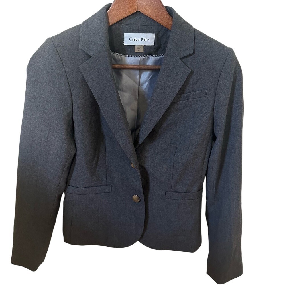 Calvin Klein Womens Charcoal Grey Two Button Tailored Blazer Jacket 6P Boss Babe